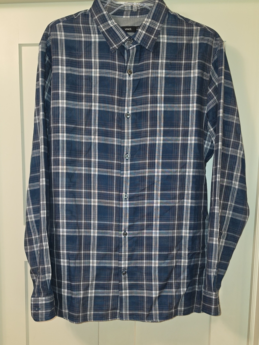 Like New Vince Blue and White Plaid Button-Down Shirt Size M